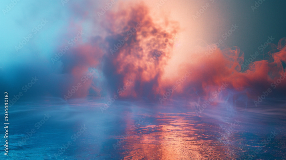 Shimmering copper smoke rises above an azure blue floor, reminiscent of a sunset over the ocean.