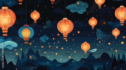Seamless pattern with Chinese lanterns flying in ni photo
