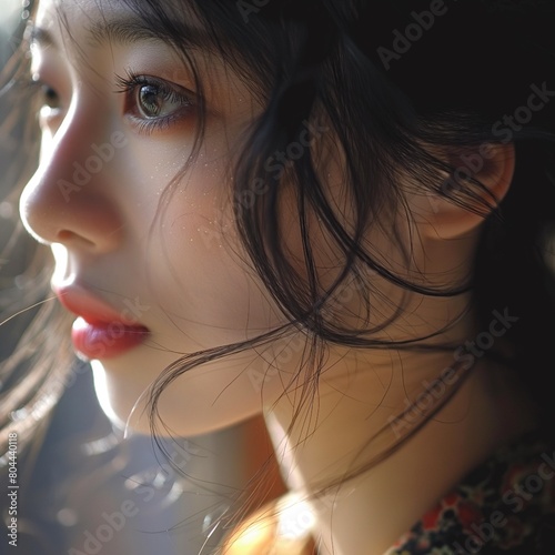 A twentysomething Chinese beauty in her twenties, profile photo, close-up of her face, delicate makeup. photo