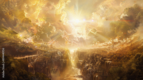 A narrative freeze-frame showing Christ as the Logos, a bridge between heaven and earth, His figure casting a divine reflection over the nascent world, all elements aligning with His creative command. photo