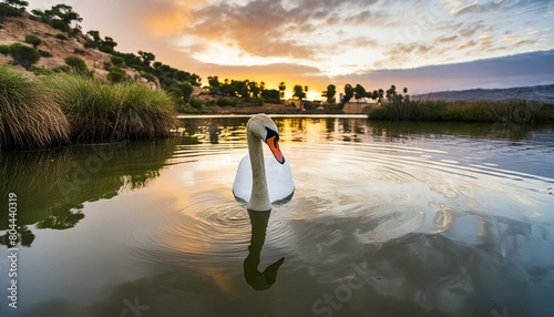 Cisne en un lago al atardecer photo