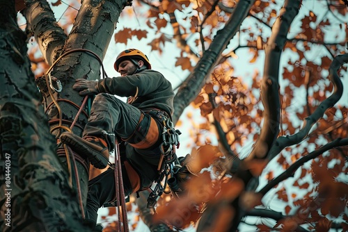 An arborist equipped with safety gear climbs a tree, performing maintenance during the autumn season, amidst golden leaves.