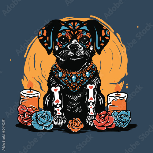 T-shirt illustration Black puppies celebrate Dia de los muertos