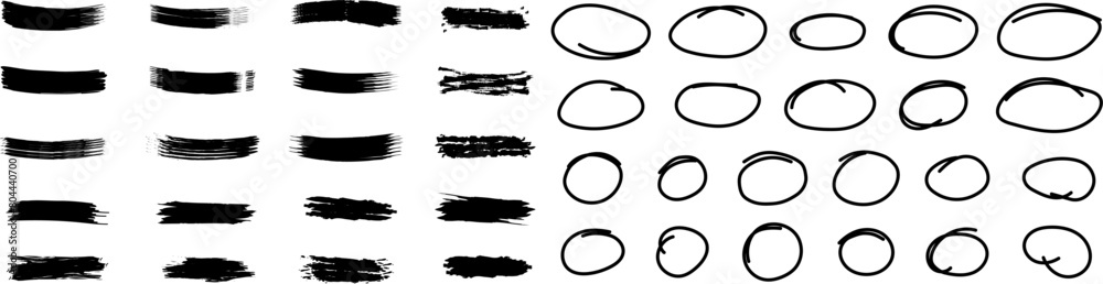 Set of black ink brush.Paint brush stroke . Hand drawn black doodle circle brush stroke . Set of geometric one line frames . Frame with a marker of a geometric circle . Set of black ink brush.Paint brush stroke . Hand drawn black doodle circle brush stroke . Set of geometric one line frames . Frame with a marker of a geometric circle .