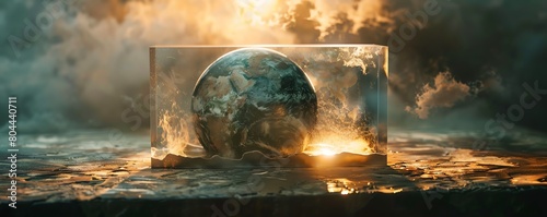 Earth in a seethrough rectangular case, exposed to artificial sunlight, conceptual representation of global warming photo