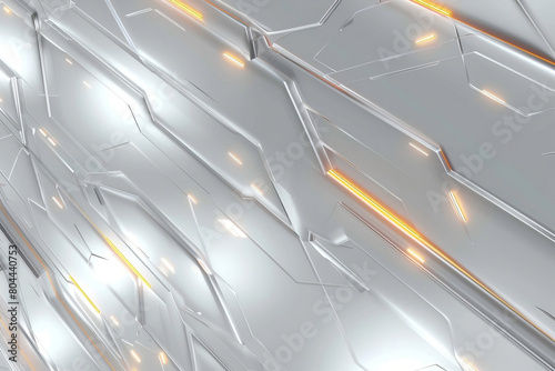 Science fiction or futuristic background of geometric white metal sheets very bright and clean orange lights. flares background or overlay. double exposure. blurry reflection of the sky in the window.