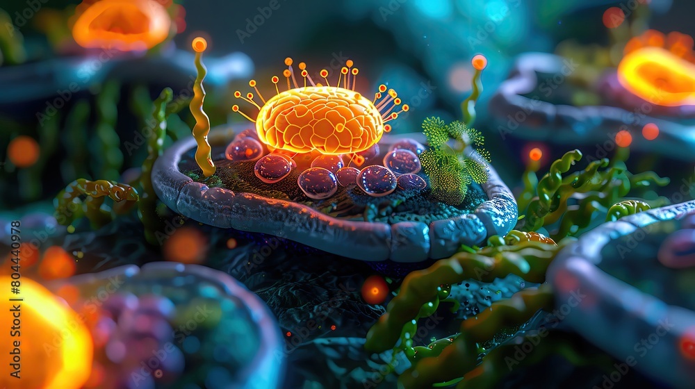 Organelle oasis featuring mitochondria glow and nucleus island, creating a vivid portrayal of cell components as lush, vibrant landscapes
