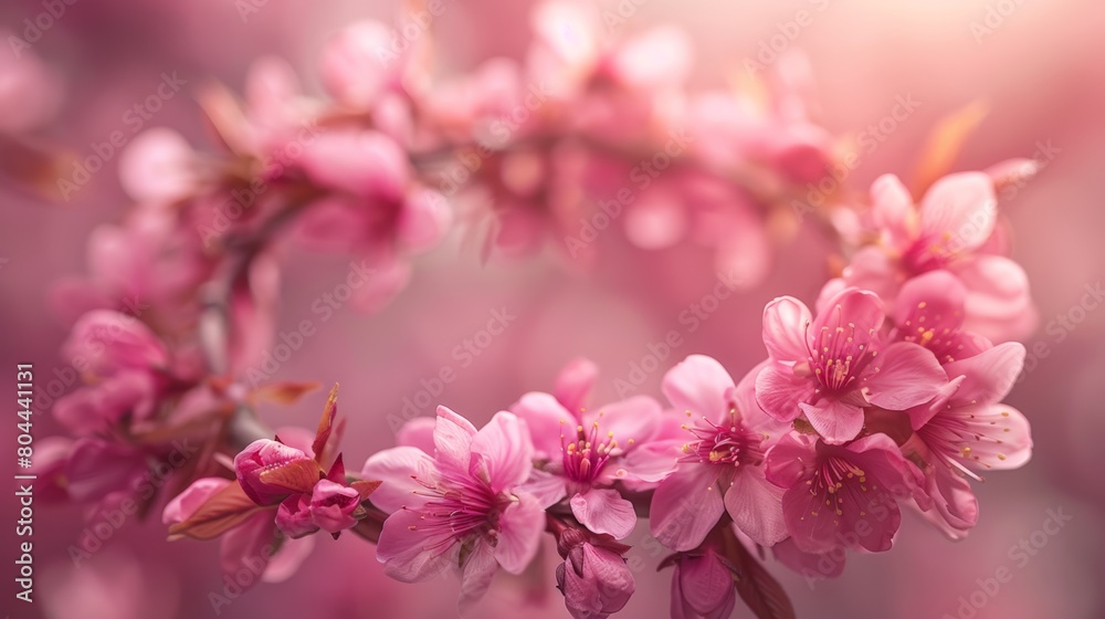 Soft pink cherry blossoms cluster on branches, bathed in warm, gentle light, conveying tranquility and renewal. delicate circular frame with dense cherry blossoms, soft pink