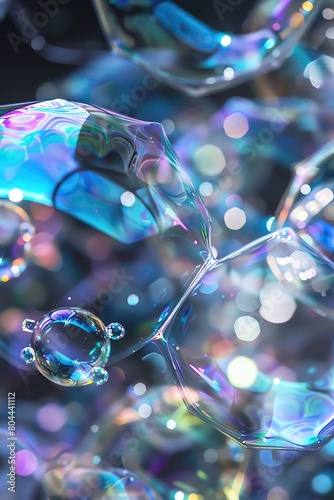 Microscopic view of soap bubbles, capturing the random interplay of colors and light in their thin, shimmering membranes