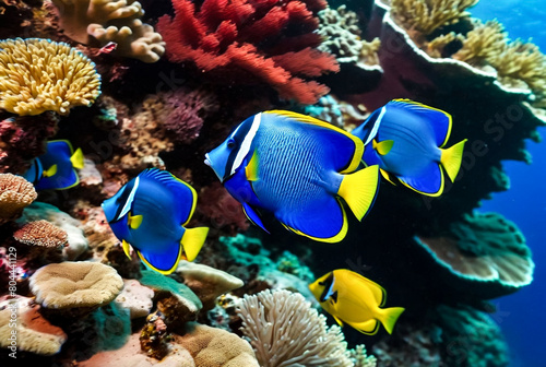 Close up of school fishes yellow red color swimming underwater blue ocean near coral reef. Scuba diving adventure in Maldives. Fish in wild world. Observation of wildlife Indian ocean. Copy text space