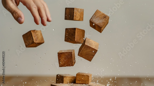 A hand dropping wooden cubes into a stack