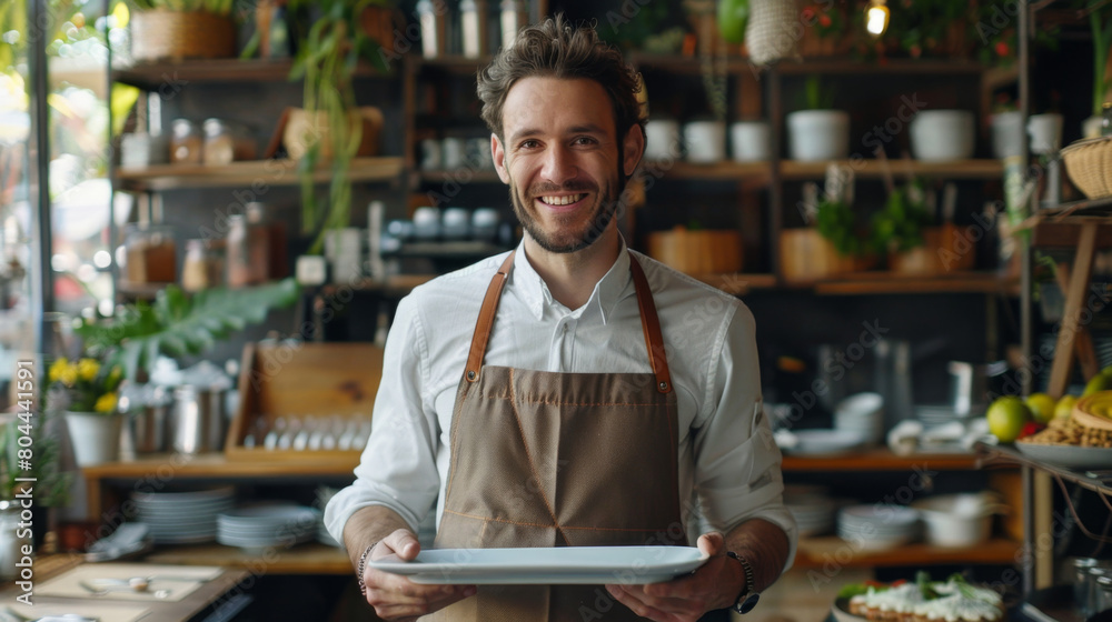 Smiling Friendly Waiter in a Cozy Wooden Restaurant. Blurred Background of the Restaurant. Smiling Friendly Waiter in a Cozy Wooden Restaurant. Blurred Background of the Restaurant.