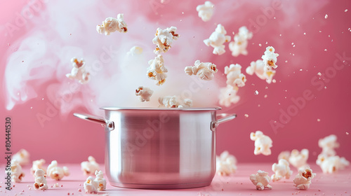 A pot of popcorn with the lid off and popcorn is flying out of it. photo
