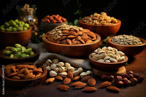 Different types of nuts on the table. Healthy eating and good nutrition.