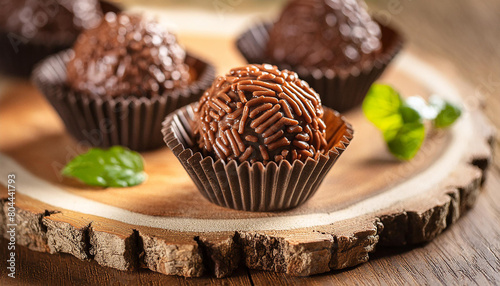 Close-up of traditional Brazilian dessert, brigadeiro over wooden table. Tasty food. Delicious treat photo
