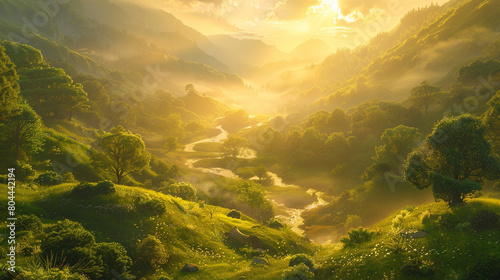 Radiant Valley Glow A picturesque view of a sunlit valley bathed in warm golden light with lush greenery and meandering streams creating a tranquil and inviting scene.