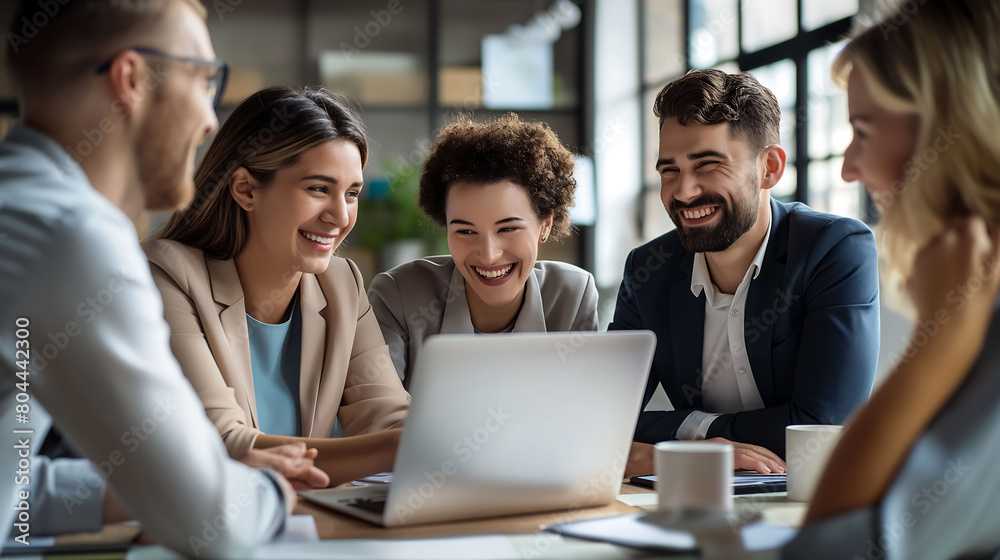 Group of happy colleagues together in the office, happy cooperation with clients, business cooperation, work meeting, brainstorming Group of happy colleagues together in the office, happy cooperation with clients, business cooperation, work meeting, brainstorming