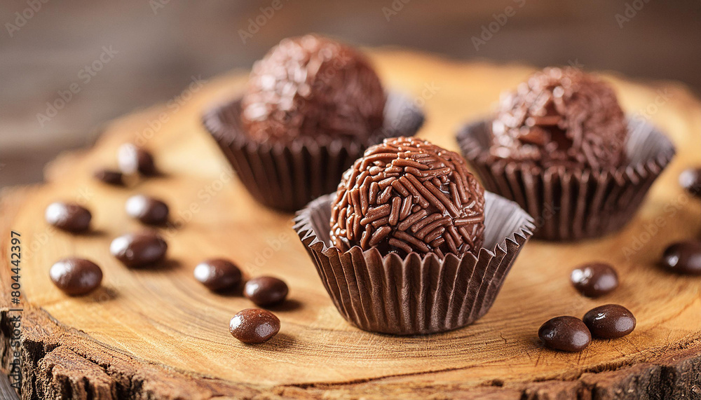 Close-up of traditional Brazilian dessert, brigadeiro over wooden table. Tasty food. Delicious treat Close-up of traditional Brazilian dessert, brigadeiro over wooden table. Tasty food. Delicious treat