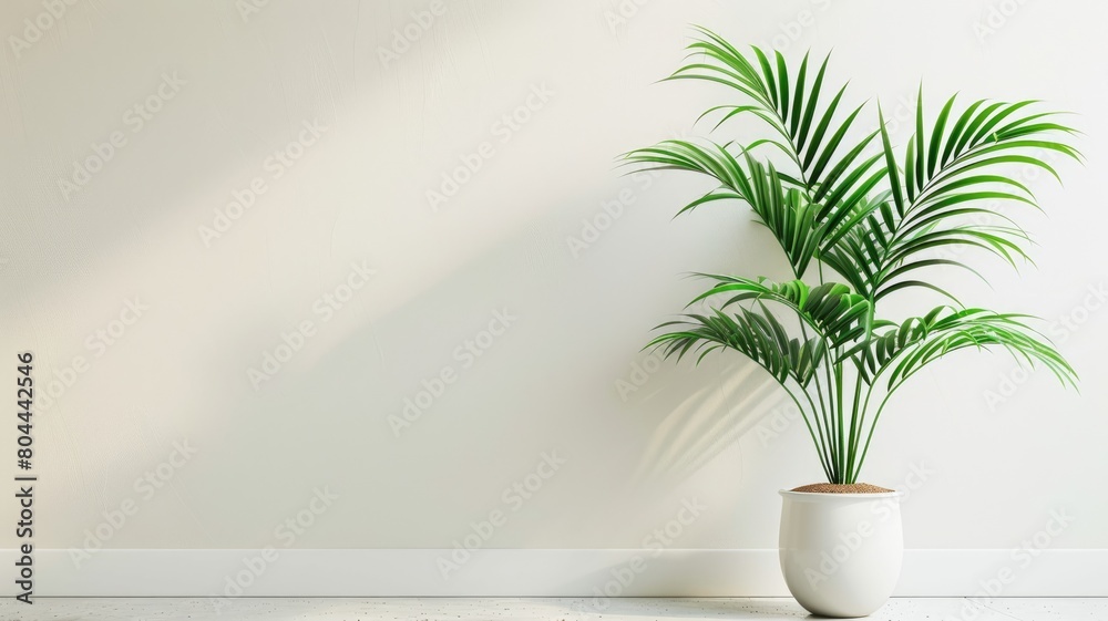 Potted green plant against white wall with shadows Potted green plant against white wall with shadows