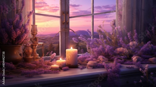 Lavender flowers in vase and burning candles on the window sill.