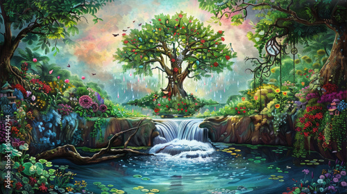 A panoramic digital illustration of the river of life and the tree of life as envisioned in Revelation 21-22.