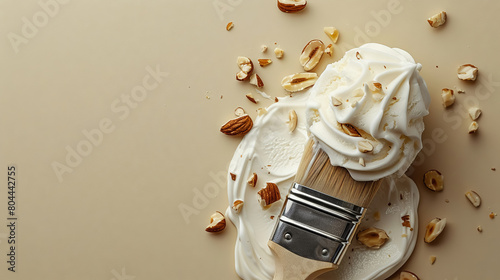Still life of a paintbrush covered in creamy beige paint and scattered almonds on a beige background. photo