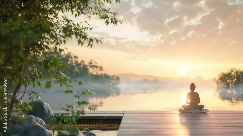 Person meditating on dock during serene sunrise by misty lake Person meditating on dock during serene sunrise by misty lake