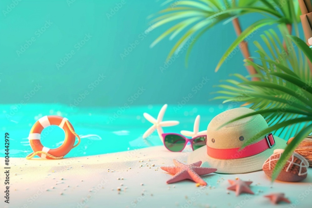 3D animation of Tropical beach with accessories, summer holiday background.