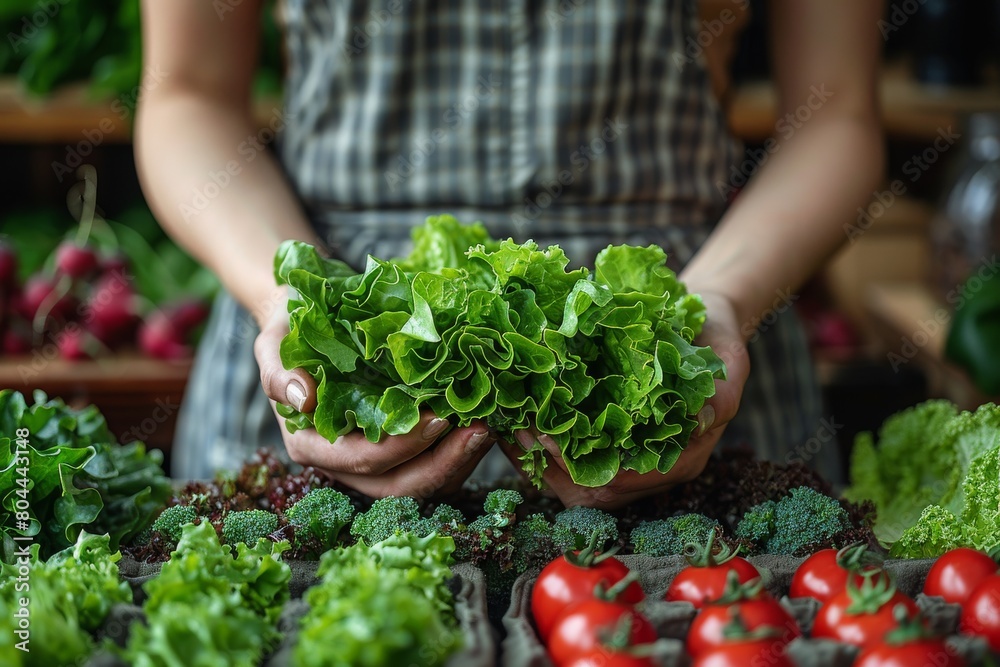 Fresh green lettuce held in hands over a table of abundant vegetables, symbolizing farm-to-table goodness Fresh green lettuce held in hands over a table of abundant vegetables, symbolizing farm-to-table goodness