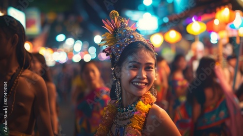 A woman wearing a vibrant headdress smiles directly at the camera.