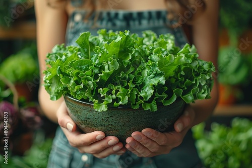 A person holds a large ceramic bowl filled with vibrant, fresh green lettuce, representing healthy eating photo
