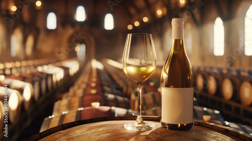 White wine bottle mock up on on top of an old barrel, rows of barrels inside a winery or castle-like building, copy space and place for logo 