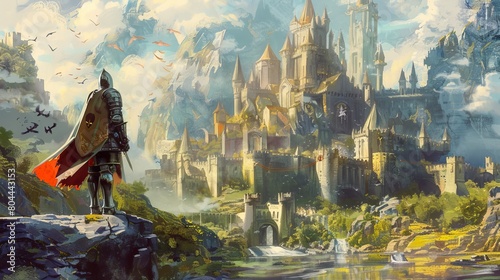 Artistic watercolor depicting a knight standing guard in front of a towering castle, the backdrop filled with magical creatures and lush scenery