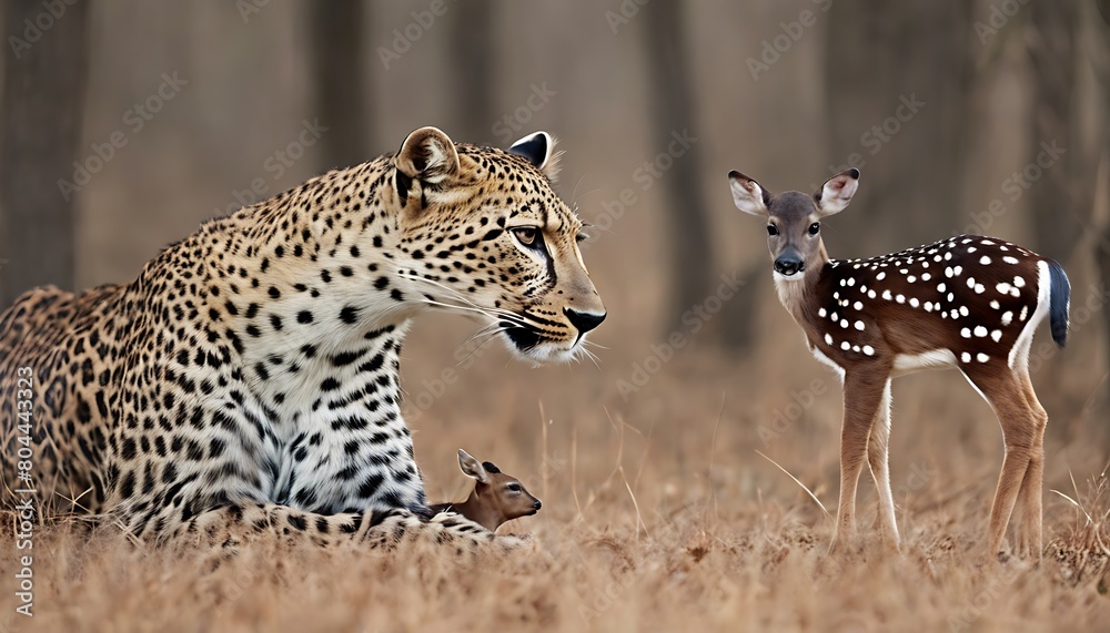 Obraz premium Helpless Mother Deer Watches as Baby Deer is in Custody of a Leopard on Mother’s Day with Copy Space