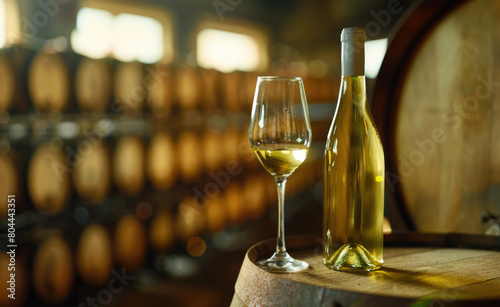 White wine bottle mock up on on top of an old barrel, rows of barrels inside a winery or castle-like building, copy space and place for logo   © DELstudio