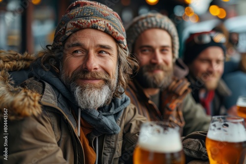 An older man with a benevolent smile sharing a beer with friends at a brewery, radiating warmth and companionship © Larisa AI