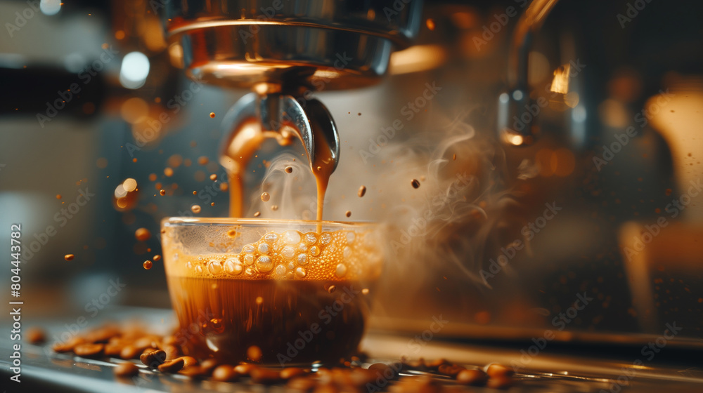 In a close-up view, espresso drips into a cup, enveloped by steam and the rich aroma of coffee beans. In a close-up view, espresso drips into a cup, enveloped by steam and the rich aroma of coffee beans.