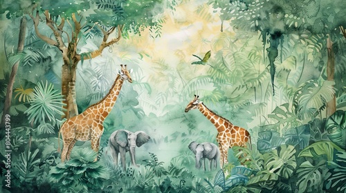 Artistic watercolor of a jungle scene with giraffes and elephants under a canopy of lush, green trees, evoking a sense of exploration and fun