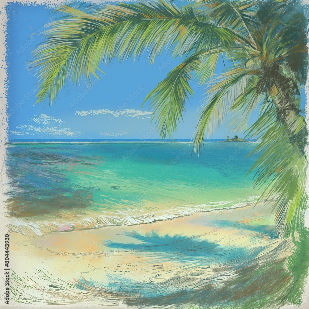 a pastel-style drawing depicting a tropical setting with beaches, palm trees, and a clear sea in calming tones