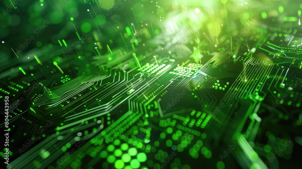 Obraz premium Green circuit board with glowing lights suggesting data processing or electronic activity