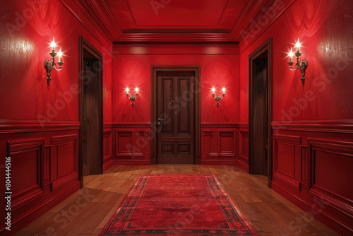 red Interior of hall with door and shelf units photo
