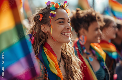 At a Pride parade, a young woman with curly hair adorned with colorful ribbons and face-paint smiles brightly, embodying the vibrant and joyful spirit of the celebration. © jose