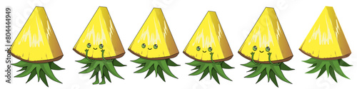 Several types of pineapple slice cartoon with and without face and stroke. Vector illustration triangular piece of ripe cute pineapple with eyes hands and legs kawai