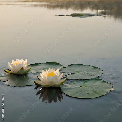 a two white water lillies floating on a lake