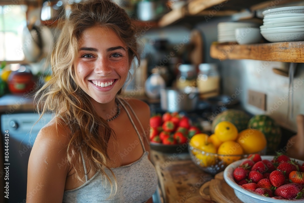 A joyful woman with a beaming smile standing in a rustic kitchen, surrounded by strawberries and lemons, portraying a healthy lifestyle and happiness A joyful woman with a beaming smile standing in a rustic kitchen, surrounded by strawberries and lemons, portraying a healthy lifestyle and happiness