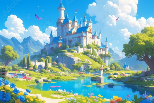 Cartoon castle surrounded by nature with flowers and trees on the side of it, beautiful river flowing in front of castle, colorful butterflies flying around.