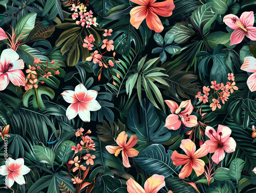 Jungle art. Botanical flowers canvas pattern. Floral island fabric color background. 