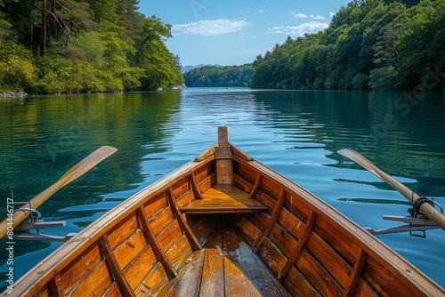 A stunning image capturing a rowboat on a crystal-clear blue lake, reflecting the surrounding verdant forest photo