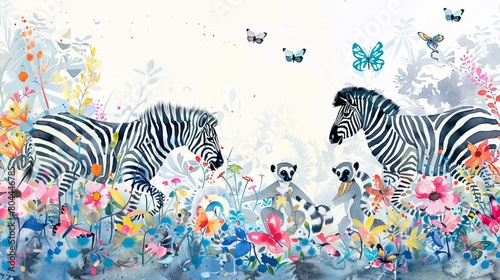 Cheerful watercolor scene of zebras frolicking with lemurs and bright butterflies  adding a whimsical touch to a child s room