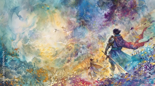 Colorful watercolor of a knight and fairy companions on a quest for a hidden treasure, the rich and detailed background filled with elements of magic and mystery